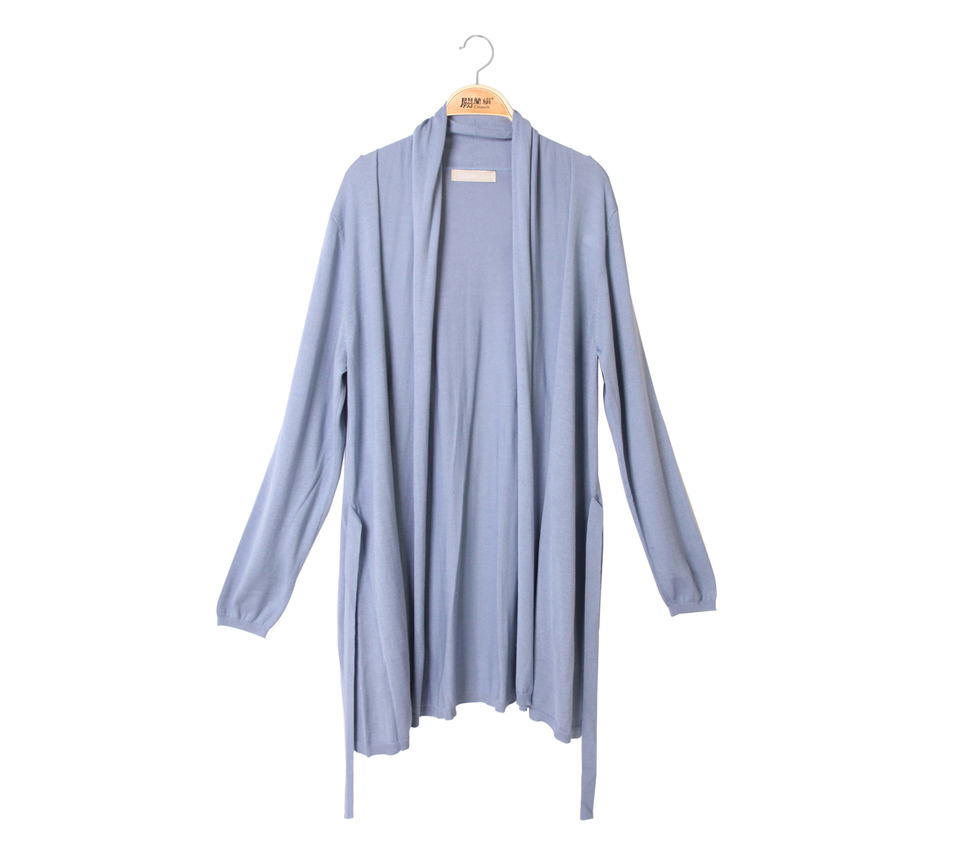 【直播福利品】闕蘭絹蠶絲針織罩衫綁帶外套 – 藍 - 6619